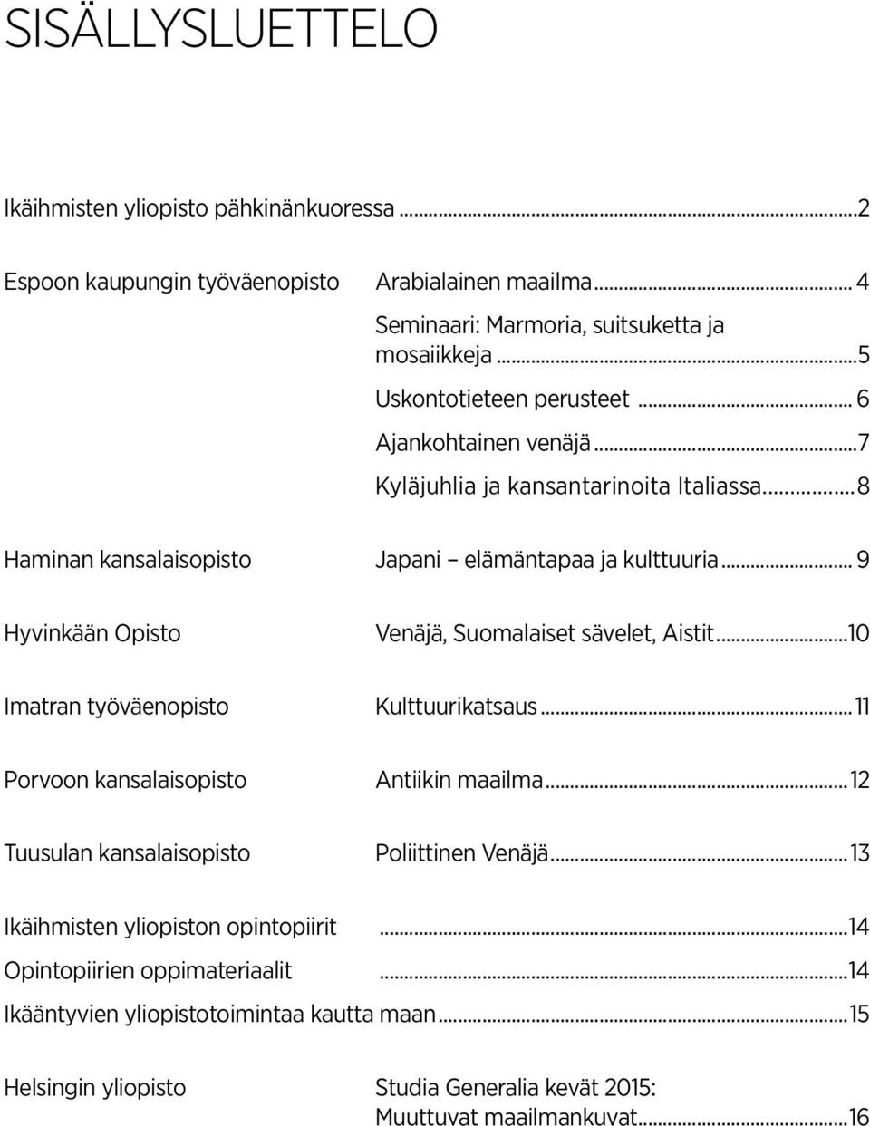 .. 9 Hyvinkään Opisto Venäjä, Suomalaiset sävelet, Aistit...10 Imatran työväenopisto Kulttuurikatsaus...11 Porvoon kansalaisopisto Antiikin maailma.