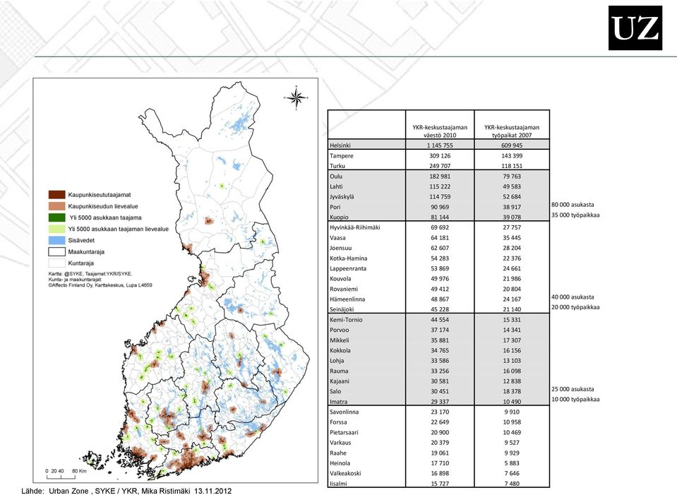 759 52 684 Pori 90 969 38 917 80 000 asukasta Kuopio 81 144 39 078 35 000 työpaikkaa Hyvinkää-Riihimäki 69 692 27 757 Vaasa 64 181 35 445 Joensuu 62 607 28 204 Kotka-Hamina 54 283 22 376 Lappeenranta