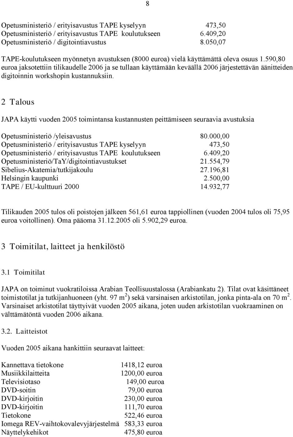 590,80 euroa jaksotettiin tilikaudelle 2006 ja se tullaan käyttämään keväällä 2006 järjestettävän äänitteiden digitoinnin workshopin kustannuksiin.