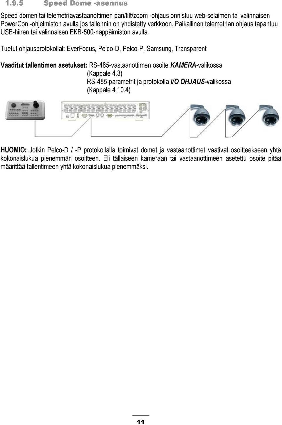 Tuetut ohjausprotokollat: EverFocus, Pelco-D, Pelco-P, Samsung, Transparent Vaaditut tallentimen asetukset: RS-485-vastaanottimen osoite KAMERA-valikossa (Kappale 4.