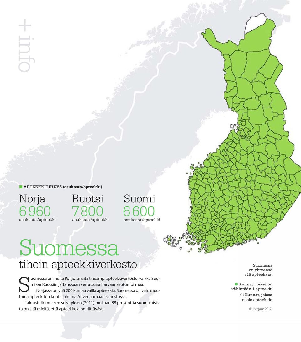 Norjassa on yhä 200 kuntaa vailla apteekkia. Suomessa on vain muutama apteekiton kunta lähinnä Ahvenanmaan saaristossa.