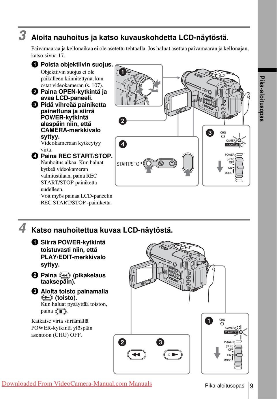 c Pidä vihreää painiketta painettuna ja siirrä POWER-kytkintä alaspäin niin, että CAMERA-merkkivalo syttyy. Videokameraan kytkeytyy virta. d Paina REC START/STOP. Nauhoitus alkaa.