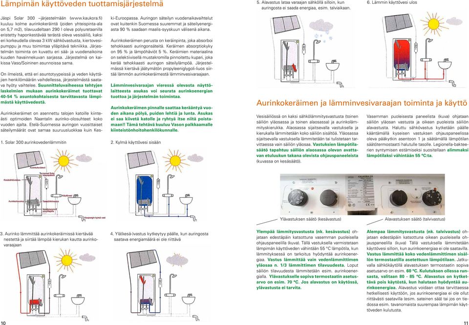 fi) kuuluu kolme aurinkokeräintä (joiden yhteispinta-ala on 5,7 m2), tilavuudeltaan 290 l oleva polyuretaanilla eristetty haponkestävää terästä oleva vesisäiliö, kaksi eri korkeudella olevaa 3 kw