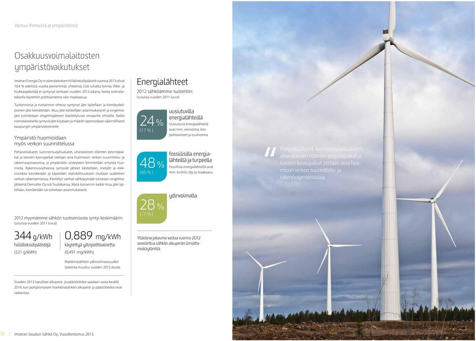 Energialähteet 2012 sähköämme tuotettiin: (suluissa vuoden 2011 luvut) Tuotannossa ja tuotannon ohessa syntynyt jäte lajitellaan ja kierrätyskelpoinen jäte kierrätetään.