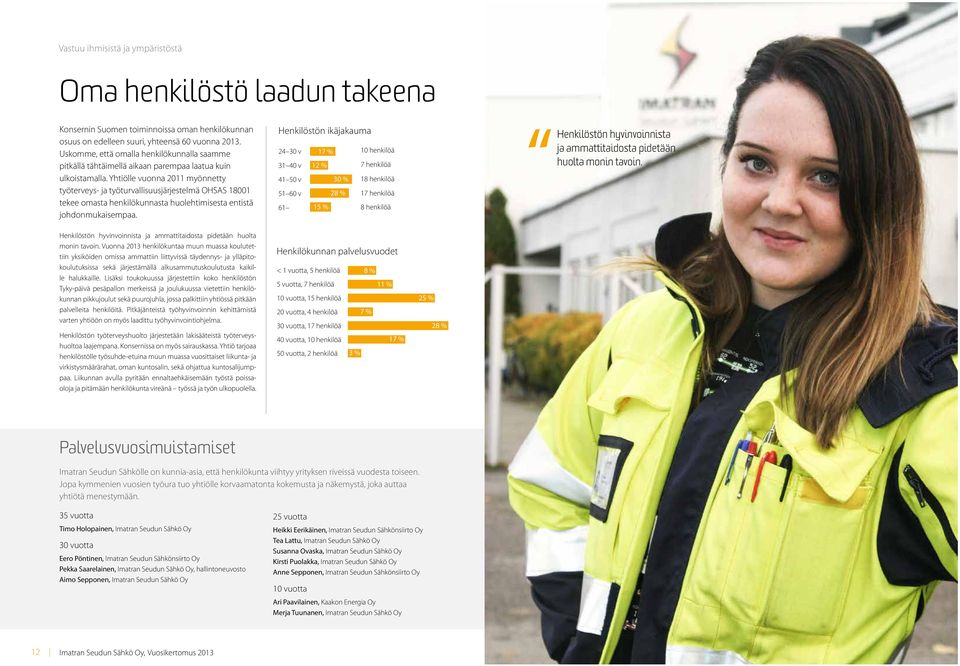 Yhtiölle vuonna 2011 myönnetty työterveys- ja työturvallisuusjärjestelmä OHSAS 18001 tekee omasta henkilökunnasta huolehtimisesta entistä johdonmukaisempaa.