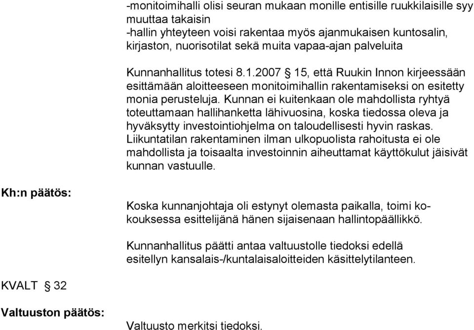 Kunnan ei kuitenkaan ole mahdollista ryhtyä toteuttamaan hallihanketta lähivuosina, koska tiedossa oleva ja hyväksytty investointiohjelma on taloudellisesti hyvin raskas.