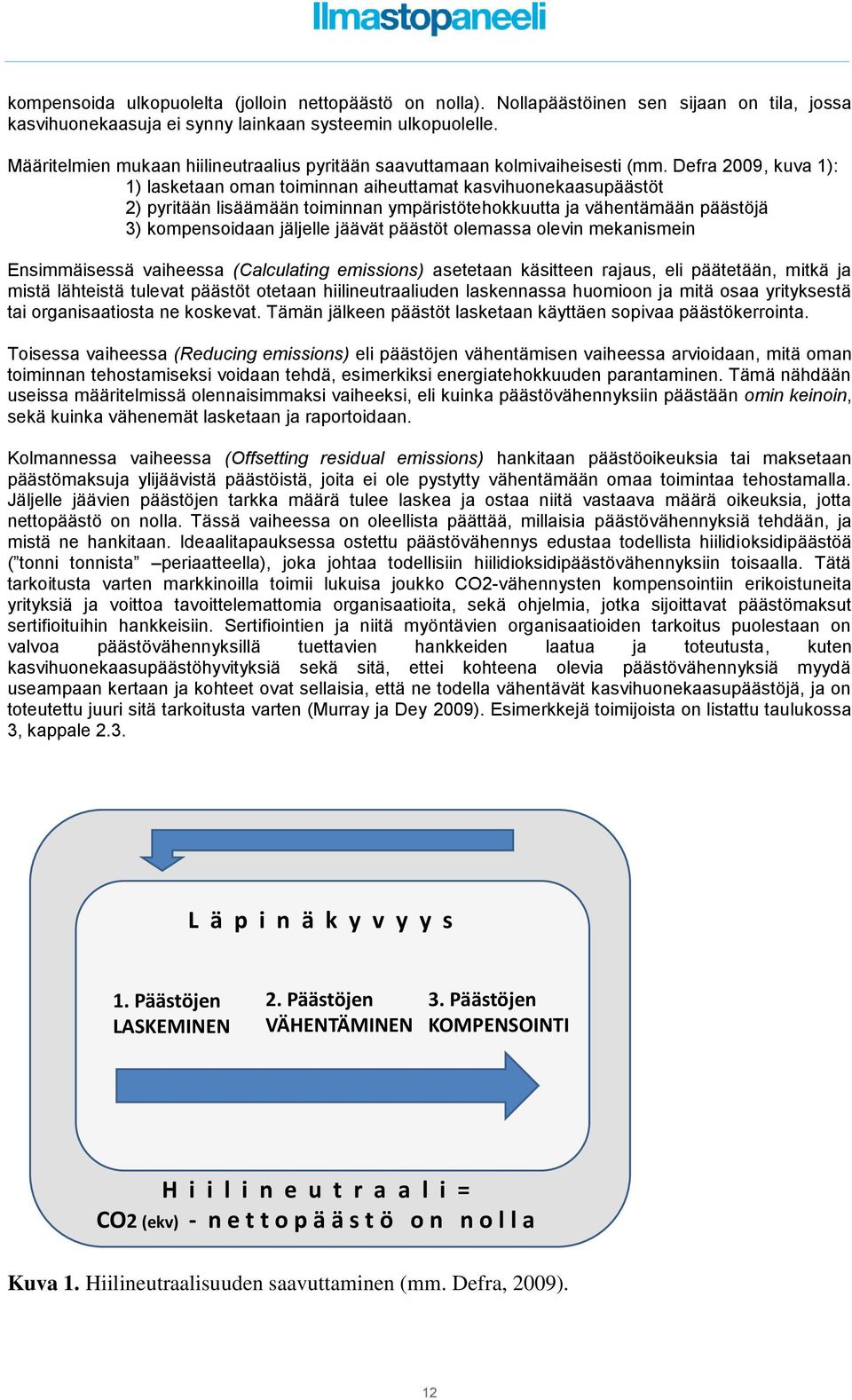 Defra 2009, kuva 1): 1) lasketaan oman toiminnan aiheuttamat kasvihuonekaasupäästöt 2) pyritään lisäämään toiminnan ympäristötehokkuutta ja vähentämään päästöjä 3) kompensoidaan jäljelle jäävät