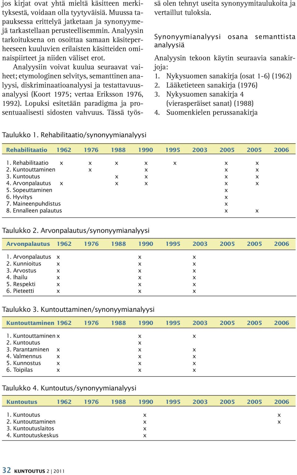 Analyysiin voivat kuulua seuraavat vaiheet; etymologinen selvitys, semanttinen analyysi, diskriminaatioanalyysi ja testattavuusanalyysi (Koort 1975; vertaa Eriksson 1976, 1992).