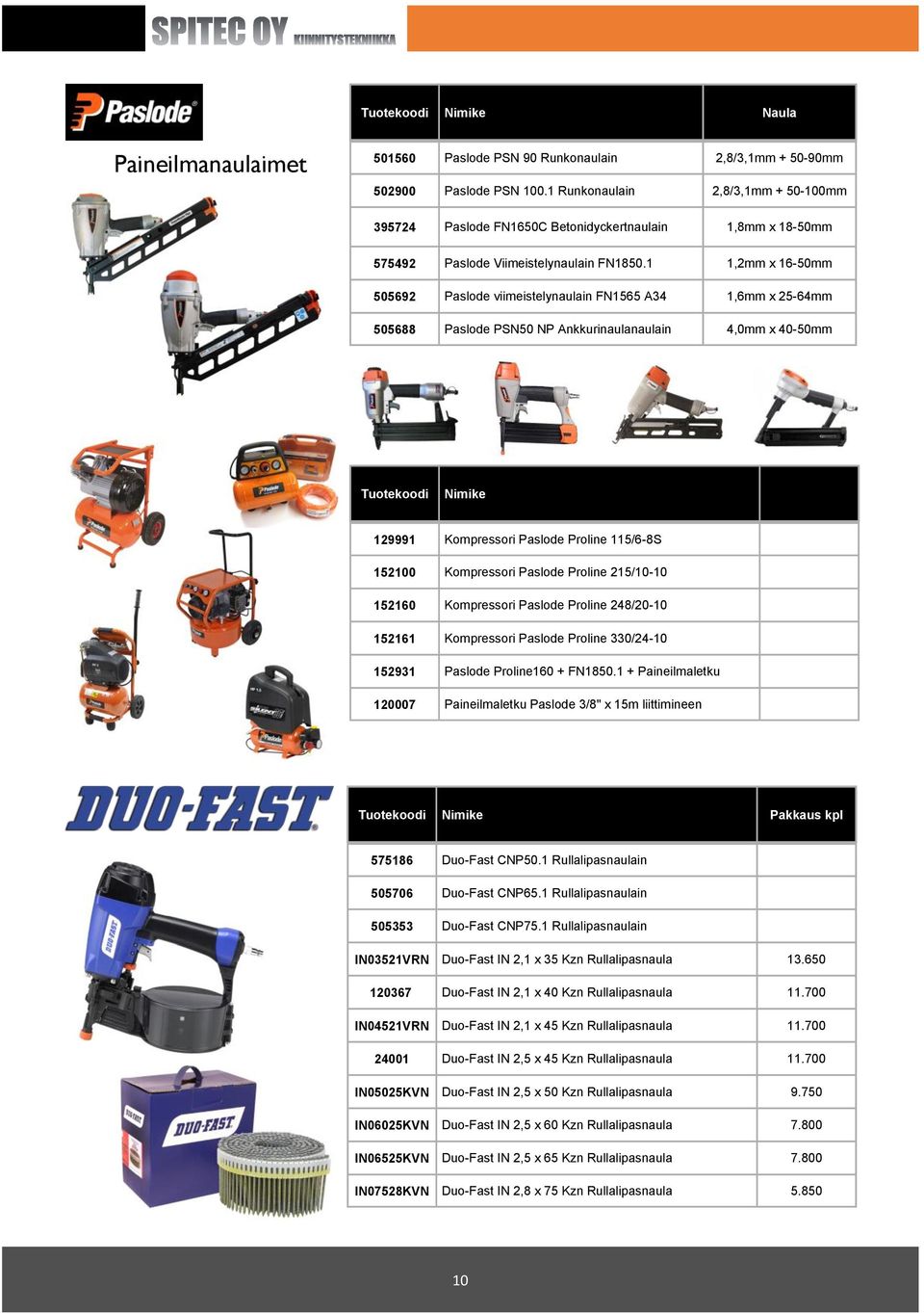 1 1,2mm x 16-50mm 505692 Paslode viimeistelynaulain FN1565 A34 1,6mm x 25-64mm 505688 Paslode PSN50 NP Ankkurinaulanaulain 4,0mm x 40-50mm 129991 Kompressori Paslode Proline 115/6-8S 152100