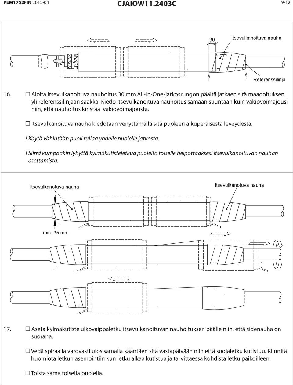 Itsevulkanoituva nauha kiedotaan venyttämällä sitä puoleen alkuperäisestä leveydestä.! Käytä vähintään puoli rullaa yhdelle puolelle jatkosta. Referenssilinja!