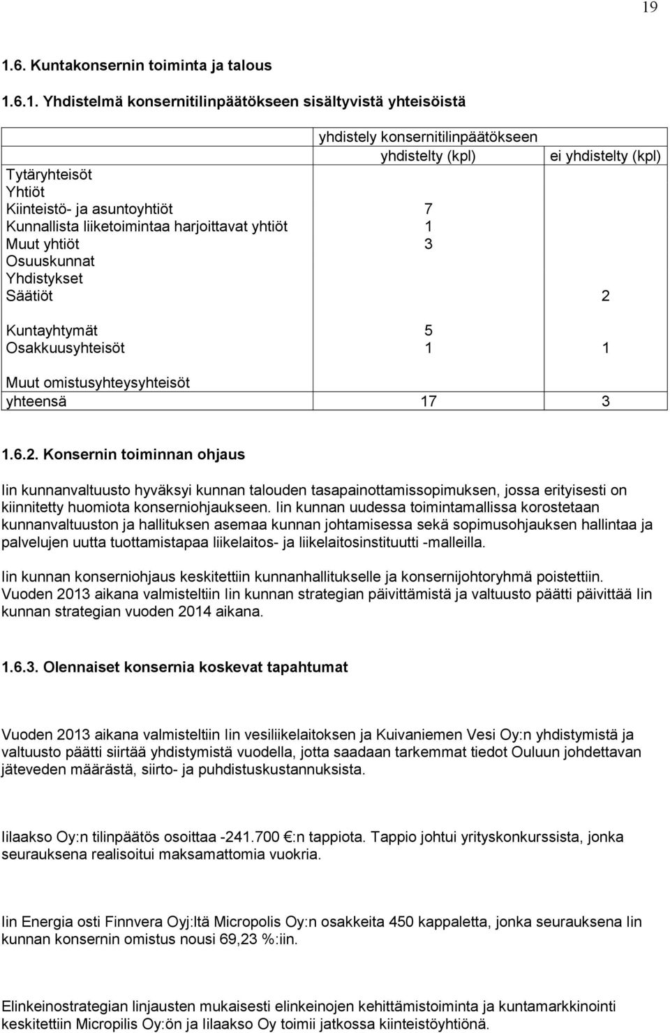 yhteensä 17 3 1.6.2. Konsernin toiminnan ohjaus Iin kunnanvaltuusto hyväksyi kunnan talouden tasapainottamissopimuksen, jossa erityisesti on kiinnitetty huomiota konserniohjaukseen.