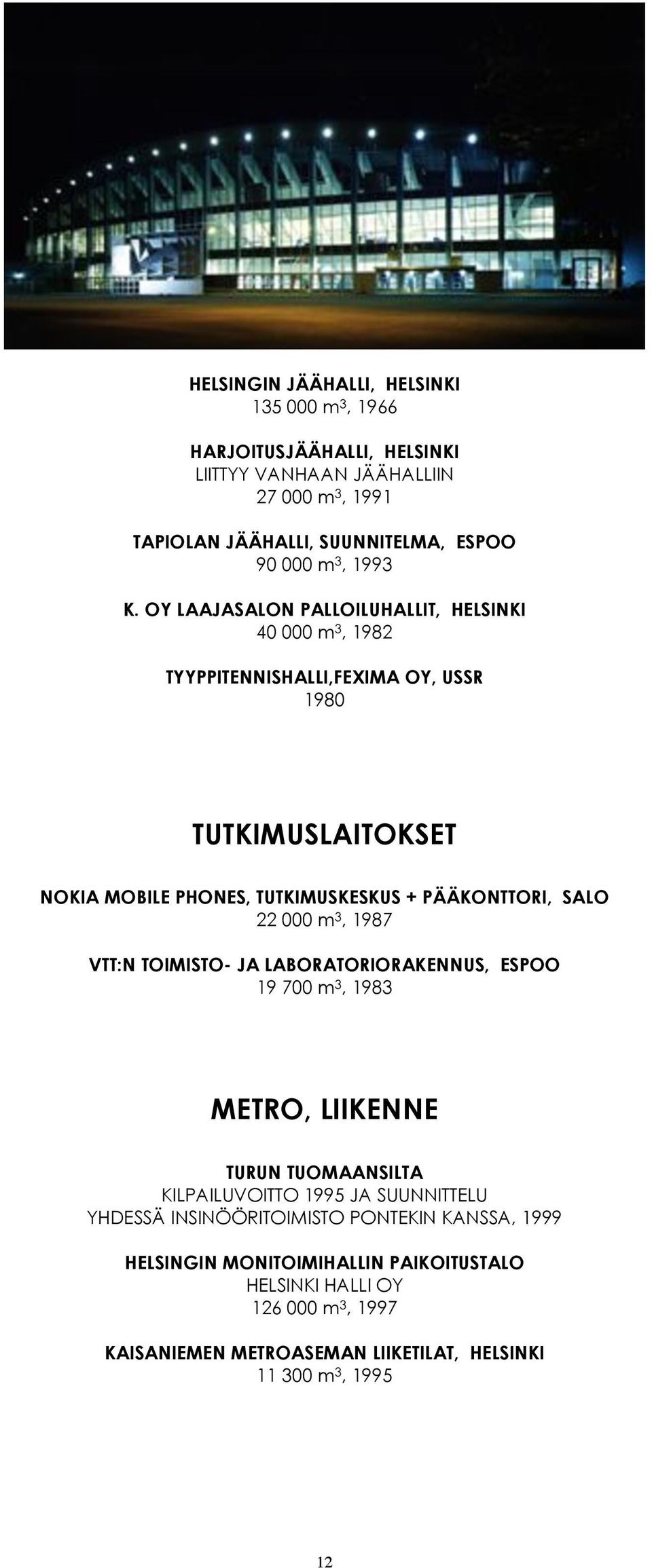 OY LAAJASALON PALLOILUHALLIT, HELSINKI 40 000 m 3, 1982 TYYPPITENNISHALLI,FEXIMA OY, USSR 1980 TUTKIMUSLAITOKSET NOKIA MOBILE PHONES, TUTKIMUSKESKUS + PÄÄKONTTORI, SALO