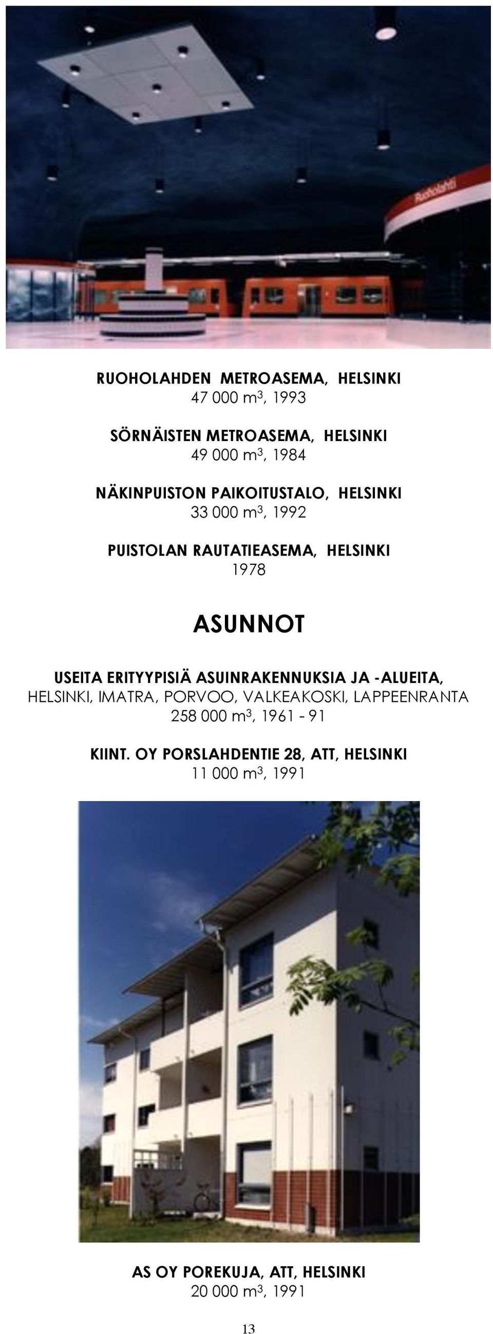 ERITYYPISIÄ ASUINRAKENNUKSIA JA -ALUEITA, HELSINKI, IMATRA, PORVOO, VALKEAKOSKI, LAPPEENRANTA 258 000 m 3,