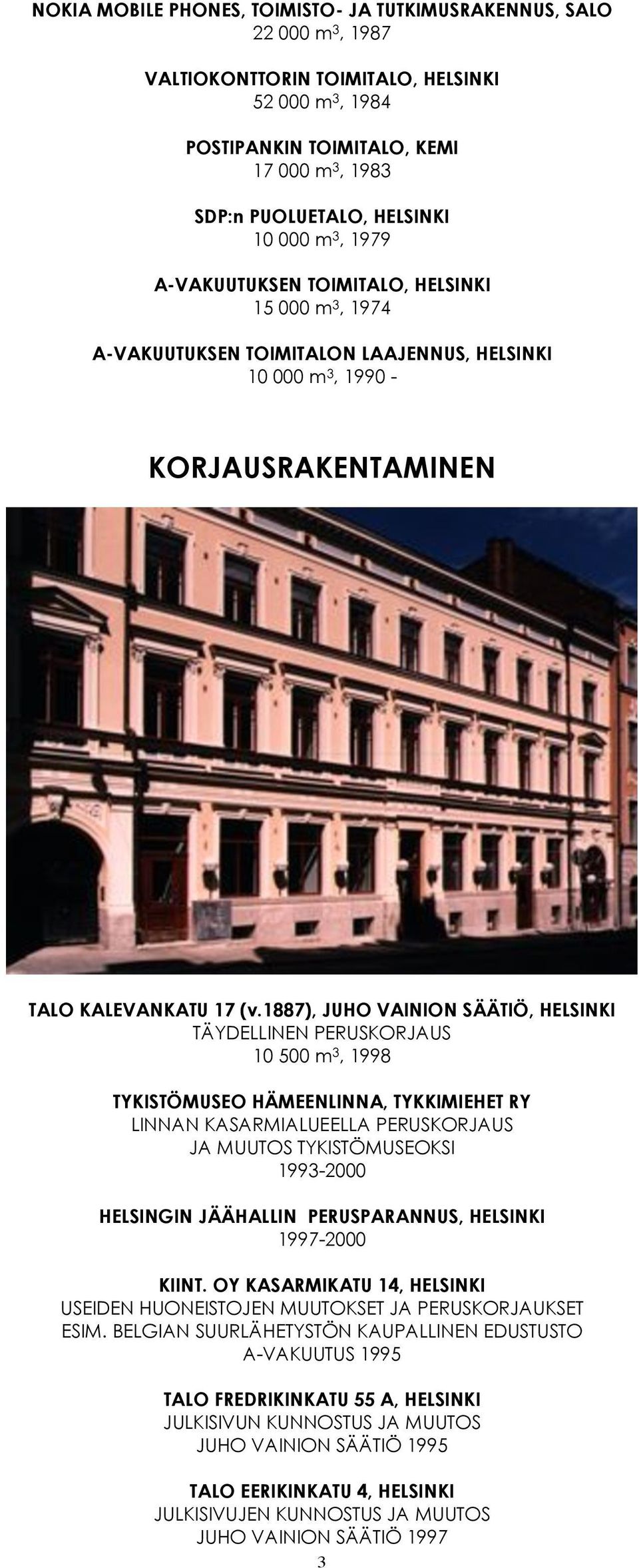 1887), JUHO VAINION SÄÄTIÖ, HELSINKI TÄYDELLINEN PERUSKORJAUS 10 500 m 3, 1998 TYKISTÖMUSEO HÄMEENLINNA, TYKKIMIEHET RY LINNAN KASARMIALUEELLA PERUSKORJAUS JA MUUTOS TYKISTÖMUSEOKSI 1993-2000