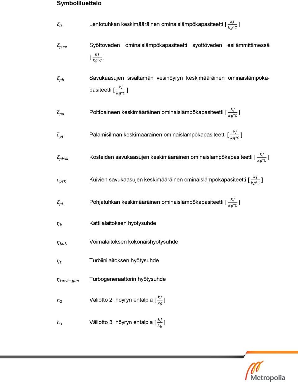 savukaasujen keskimääräinen ominaislämpökapasiteetti Kuivien savukaasujen keskimääräinen ominaislämpökapasiteetti Pohjatuhkan keskimääräinen ominaislämpökapasiteetti