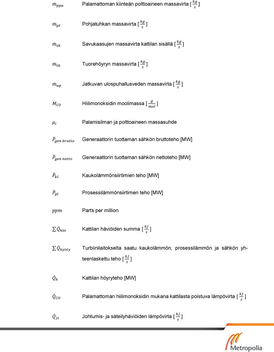 tuottaman sähkön nettoteho [MW] Kaukolämmönsiirtimien teho [MW] Prosessilämmönsiirtimen teho [MW] Parts per million Kattilan häviöiden summa Turbiinilaitokselta saatu