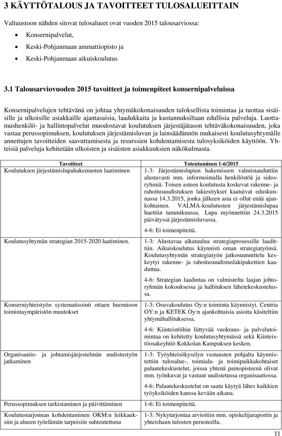 1 Talousarviovuoden 2015 tavoitteet ja toimenpiteet konsernipalveluissa Konsernipalvelujen tehtävänä on johtaa yhtymäkokonaisuuden tuloksellista toimintaa ja tuottaa sisäisille ja ulkoisille