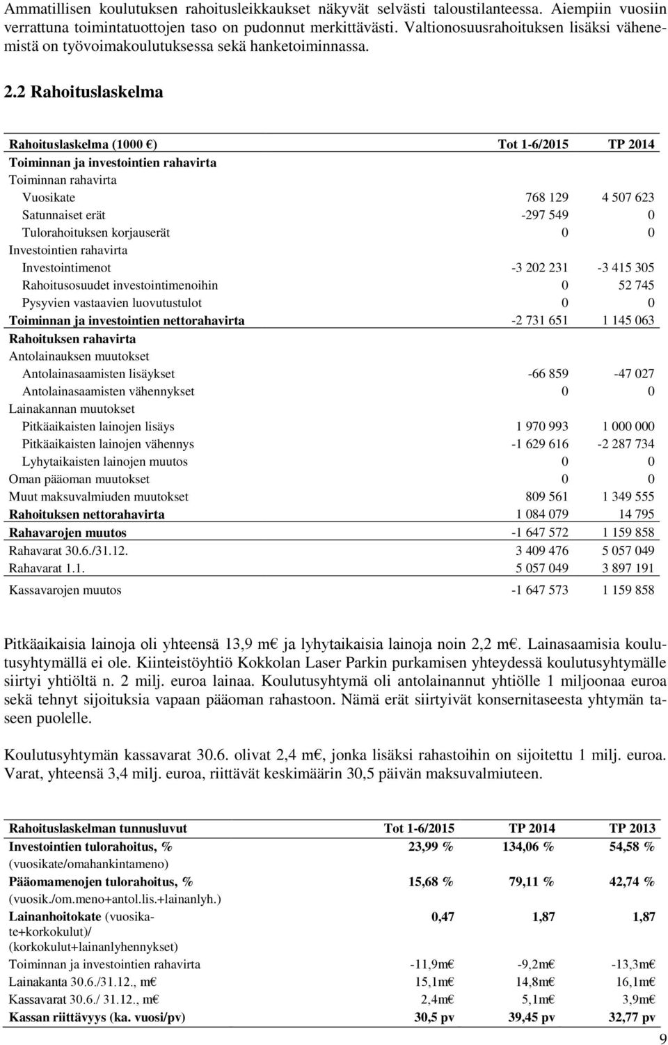 2 Rahoituslaskelma Rahoituslaskelma (1000 ) Tot 1-6/2015 TP 2014 Toiminnan ja investointien rahavirta Toiminnan rahavirta Vuosikate 768 129 4 507 623 Satunnaiset erät -297 549 0 Tulorahoituksen