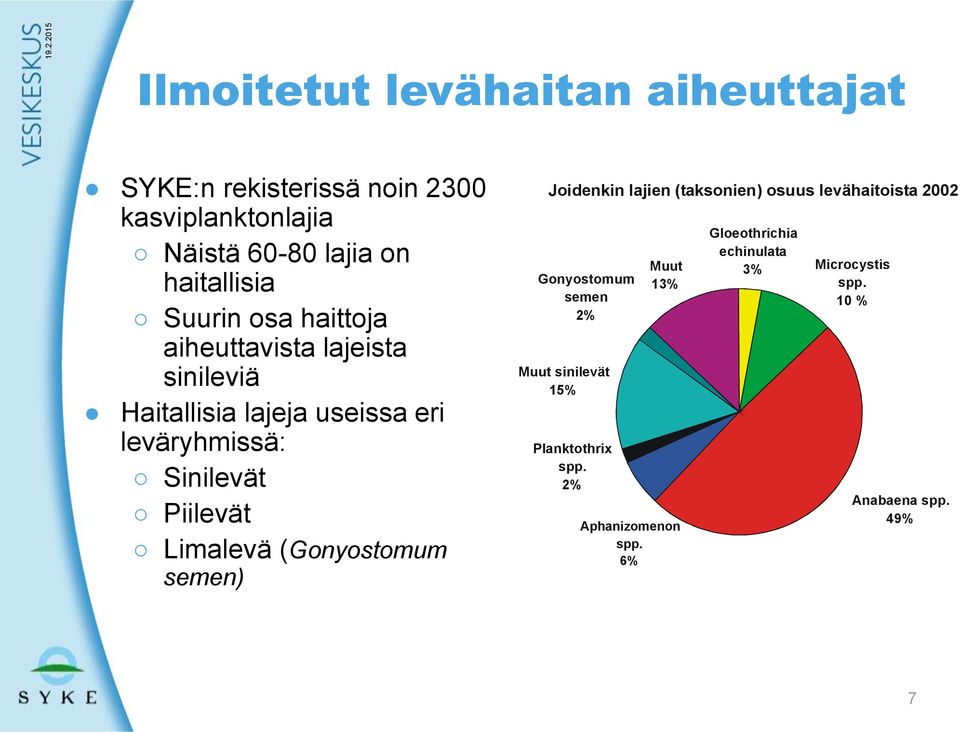 Limalevä (Gonyostomum semen) Joidenkin lajien (taksonien) osuus levähaitoista 2002 Gonyostomum semen 2% Muut sinilevät