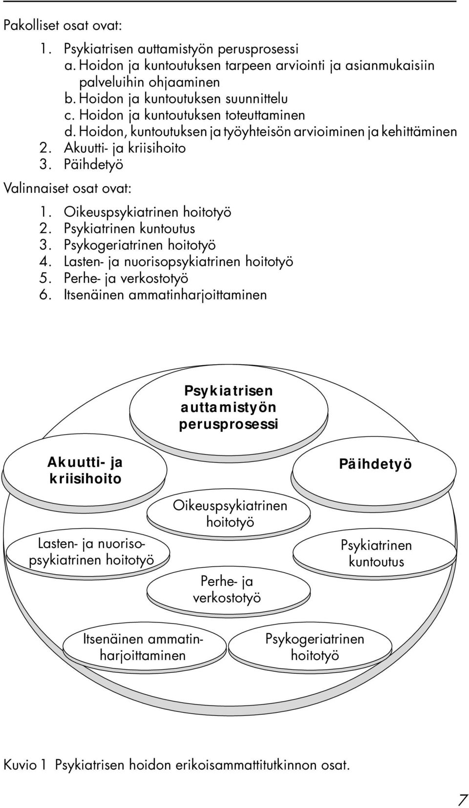 Psykiatrinen kuntoutus 3. Psykogeriatrinen hoitotyö 4. Lasten- ja nuorisopsykiatrinen hoitotyö 5. Perhe- ja verkostotyö 6.