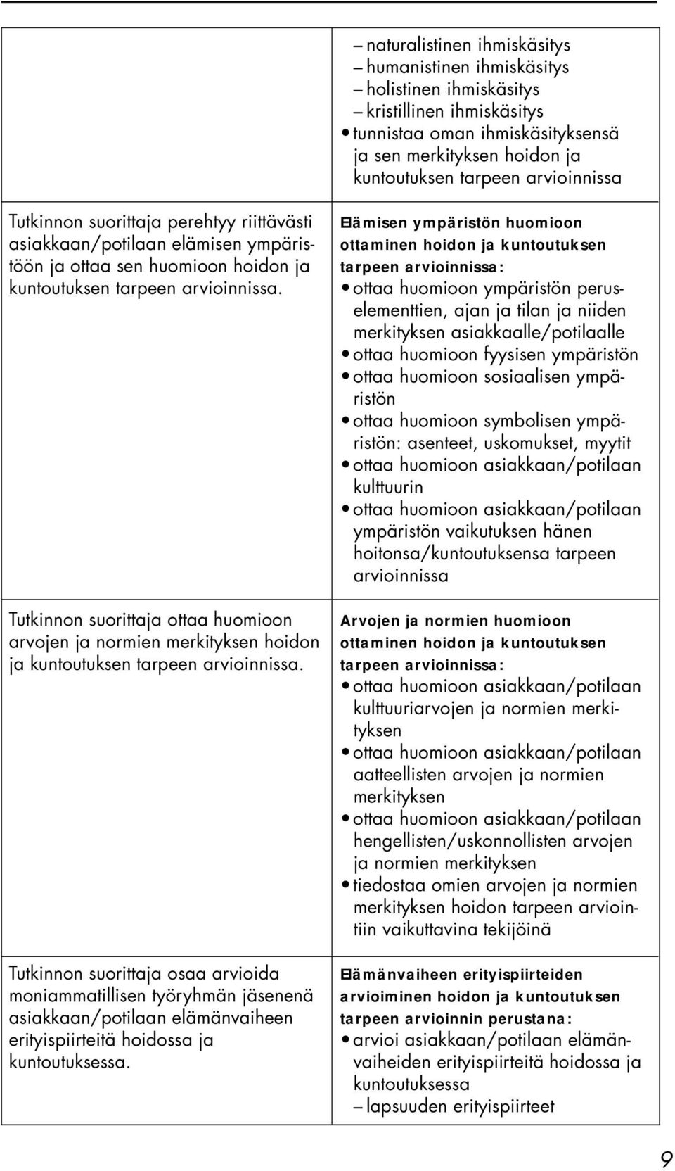 Tutkinnon suorittaja ottaa huomioon arvojen ja normien merkityksen hoidon ja kuntoutuksen tarpeen arvioinnissa.