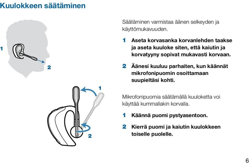 korvaan. 2 1 2 Äänesi kuuluu parhaiten, kun käännät mikrofonipuomin osoittamaan suupieltäsi kohti.