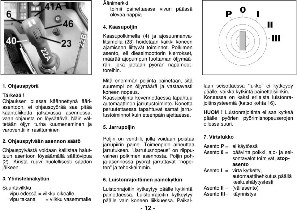 Kiristä ruuvi huolellisesti säädön jälkeen. 3. Yhdistelmäkytkin Suuntavilkku vipu edessä = vilkku oikealle vipu takana = vilkku vasemmalle Äänimerkki toimii painettaessa vivun päässä olevaa nappia 4.