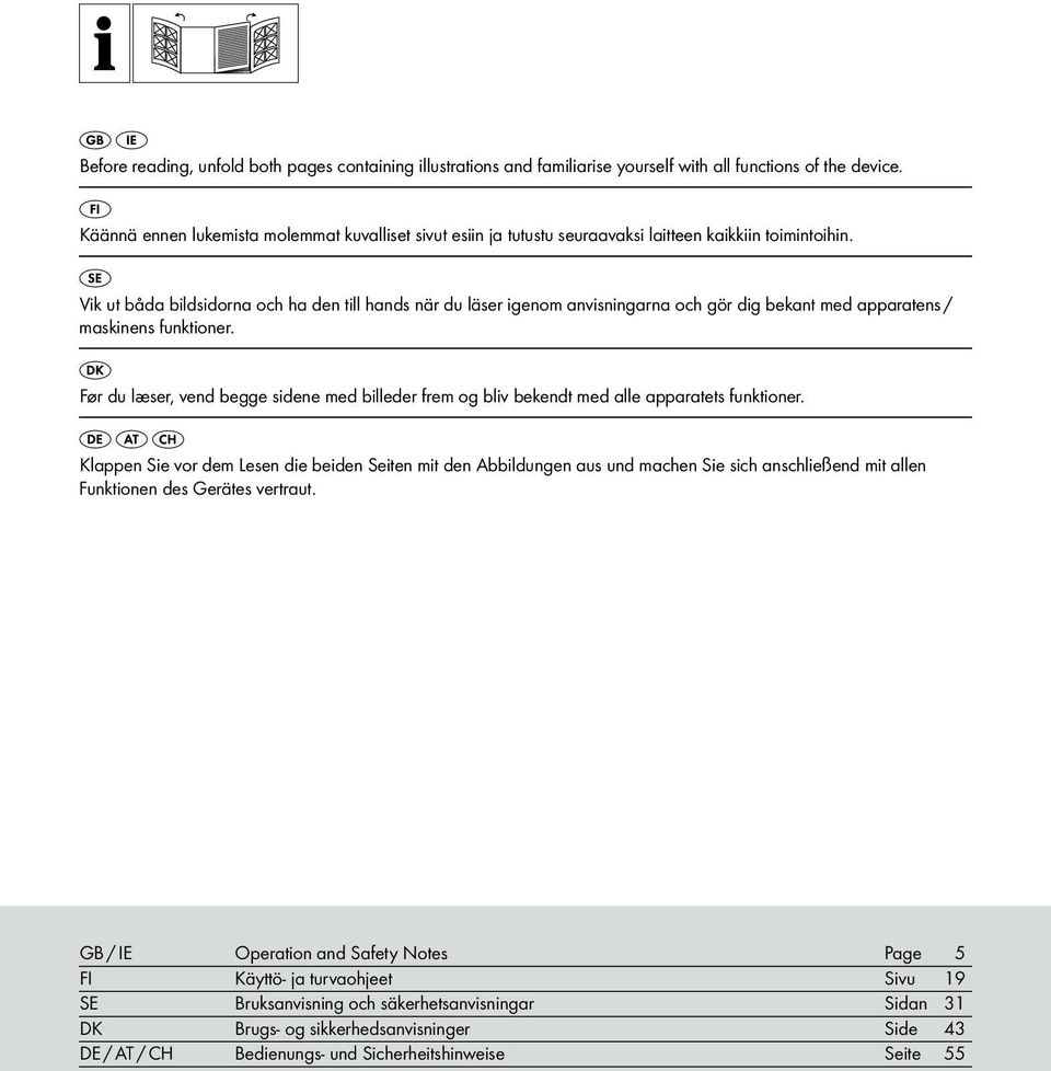 Vik ut båda bildsidorna och ha den till hands när du läser igenom anvisningarna och gör dig bekant med apparatens / maskinens funktioner.