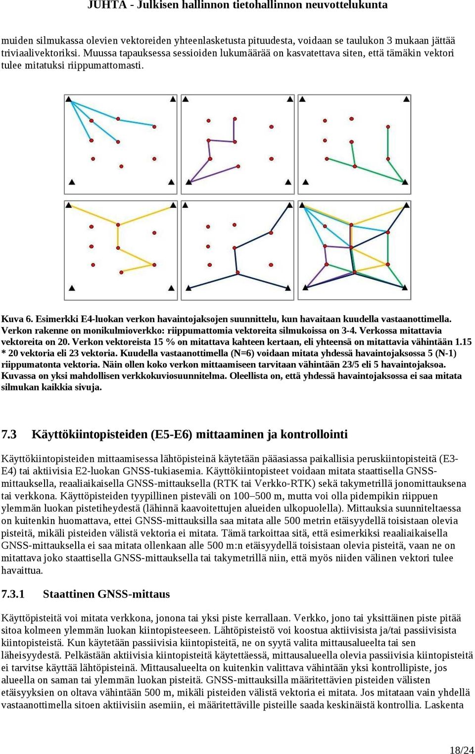 Esimerkki E4-luokan verkon havaintojaksojen suunnittelu, kun havaitaan kuudella vastaanottimella. Verkon rakenne on monikulmioverkko: riippumattomia vektoreita silmukoissa on 3-4.