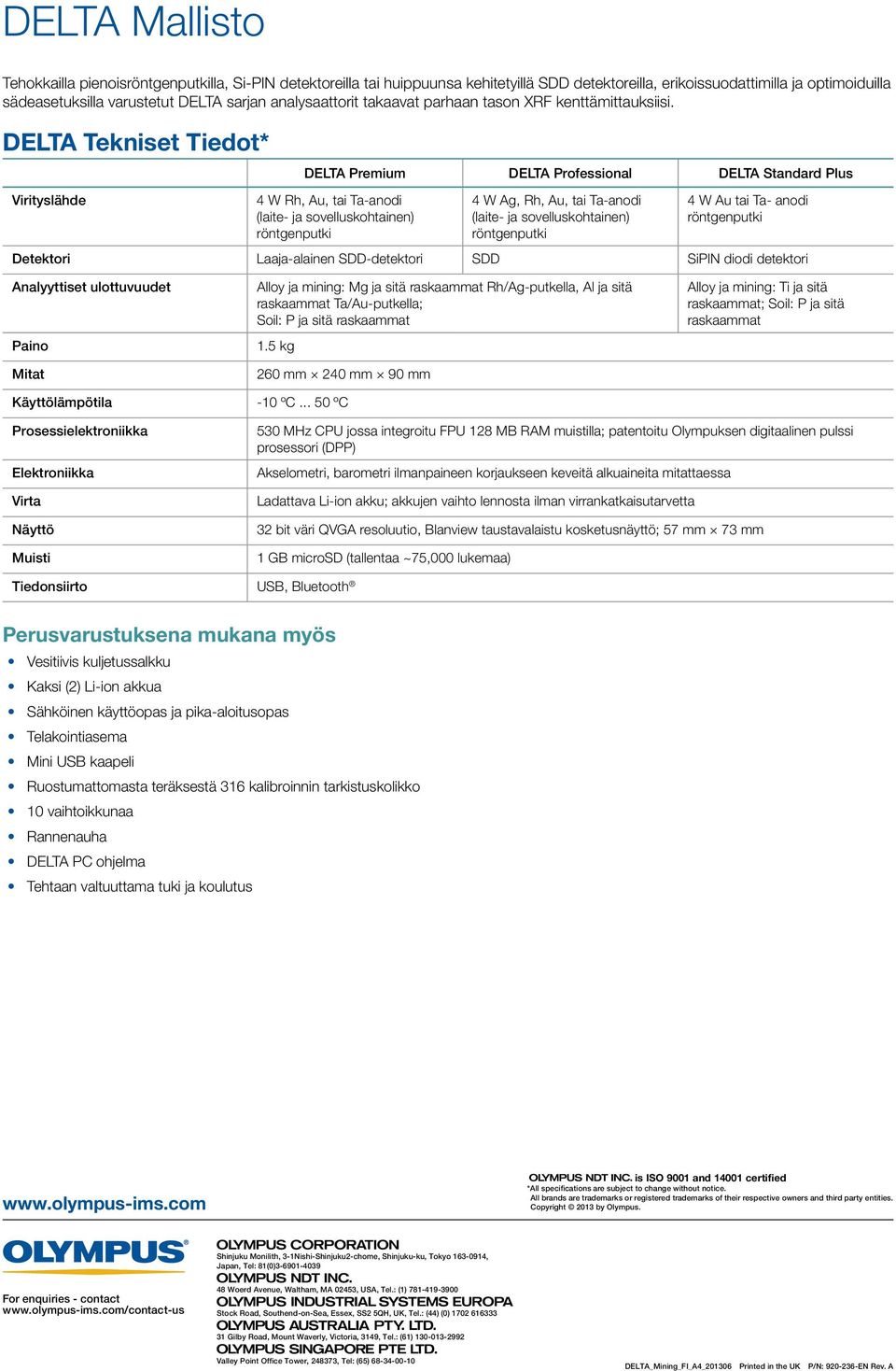 DELTA Tekniset Tiedot* Virityslähde DELTA Premium DELTA Professional DELTA Standard Plus 4 W Rh, Au, tai Ta-anodi (laite- ja sovelluskohtainen) röntgenputki 4 W Ag, Rh, Au, tai Ta-anodi (laite- ja