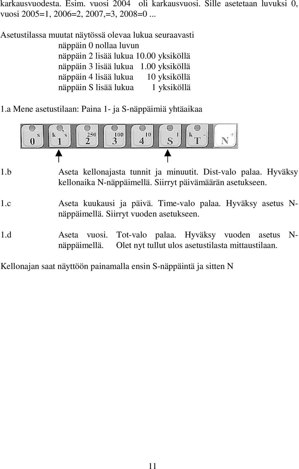 00 yksiköllä näppäin 4 lisää lukua 10 yksiköllä näppäin S lisää lukua 1 yksiköllä 1.a Mene asetustilaan: Paina 1- ja S-näppäimiä yhtäaikaa 1.b Aseta kellonajasta tunnit ja minuutit. Dist-valo palaa.