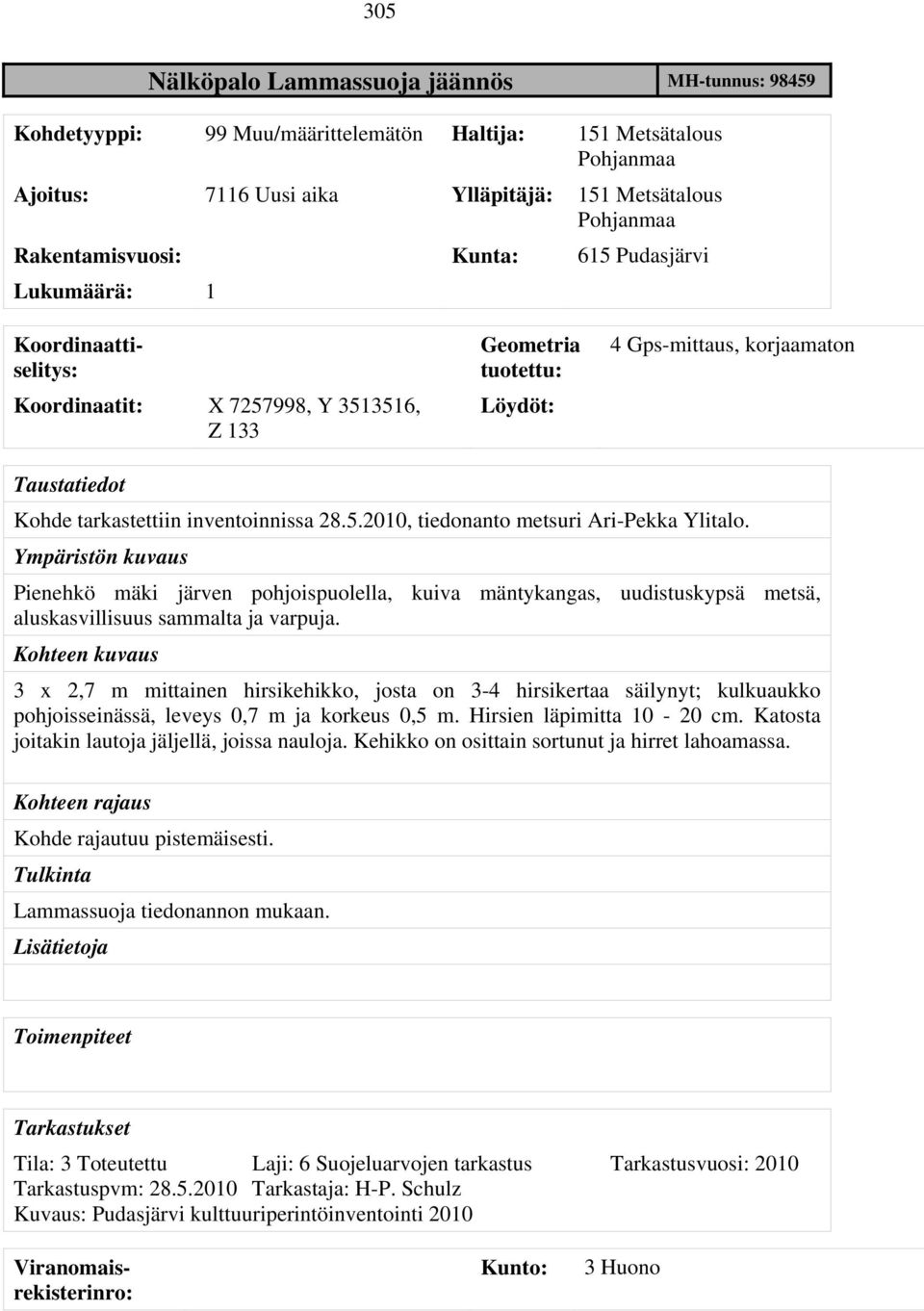 5.2010, tiedonanto metsuri Ari-Pekka Ylitalo. Ympäristön kuvaus Pienehkö mäki järven pohjoispuolella, kuiva mäntykangas, uudistuskypsä metsä, aluskasvillisuus sammalta ja varpuja.