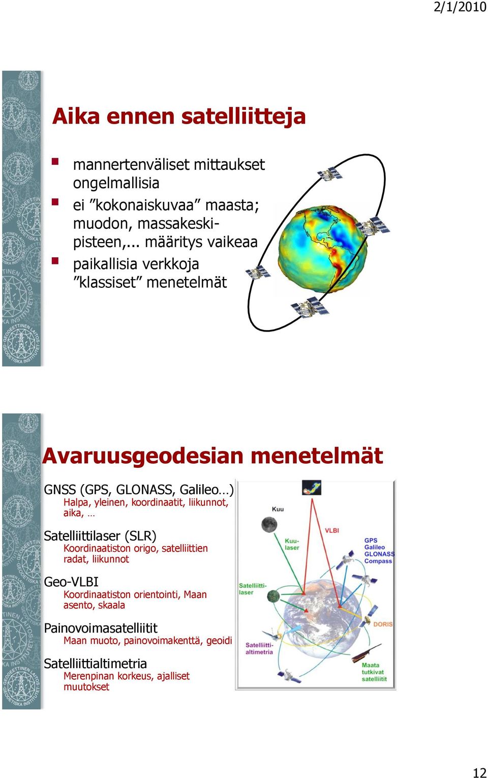 koordinaatit, liikunnot, aika, Satelliittilaser (SLR) Koordinaatiston origo, satelliittien radat, liikunnot Geo-VLBI Koordinaatiston