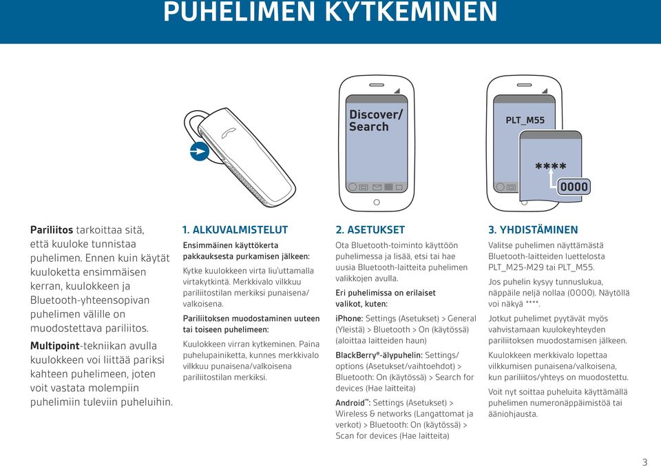 Multipoint-tekniikan avulla kuulokkeen voi liittää pariksi kahteen puhelimeen, joten voit vastata molempiin puhelimiin tuleviin puheluihin. 1.