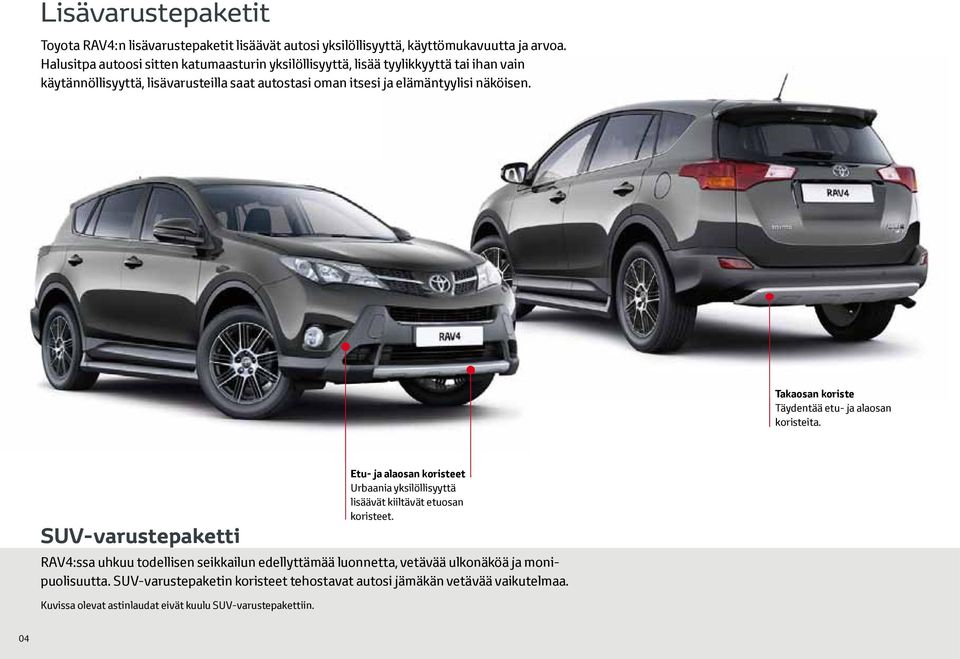 näköisen. Takaosan koriste Täydentää etu- ja alaosan koristeita. SUV-varustepaketti Etu- ja alaosan koristeet Urbaania yksilöllisyyttä lisäävät kiiltävät etuosan koristeet.