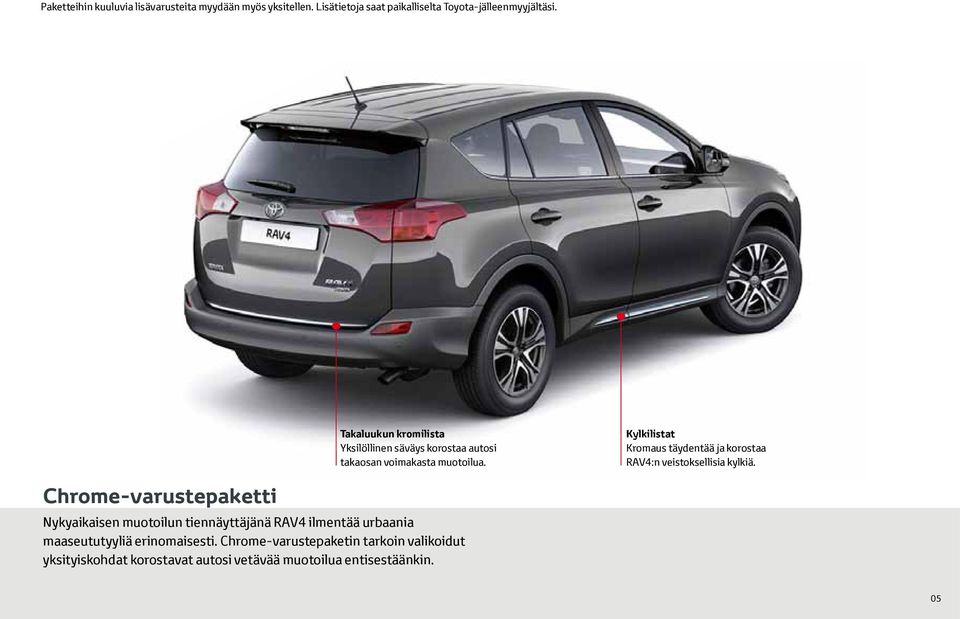 Kylkilistat Kromaus täydentää ja korostaa RAV4:n veistoksellisia kylkiä.