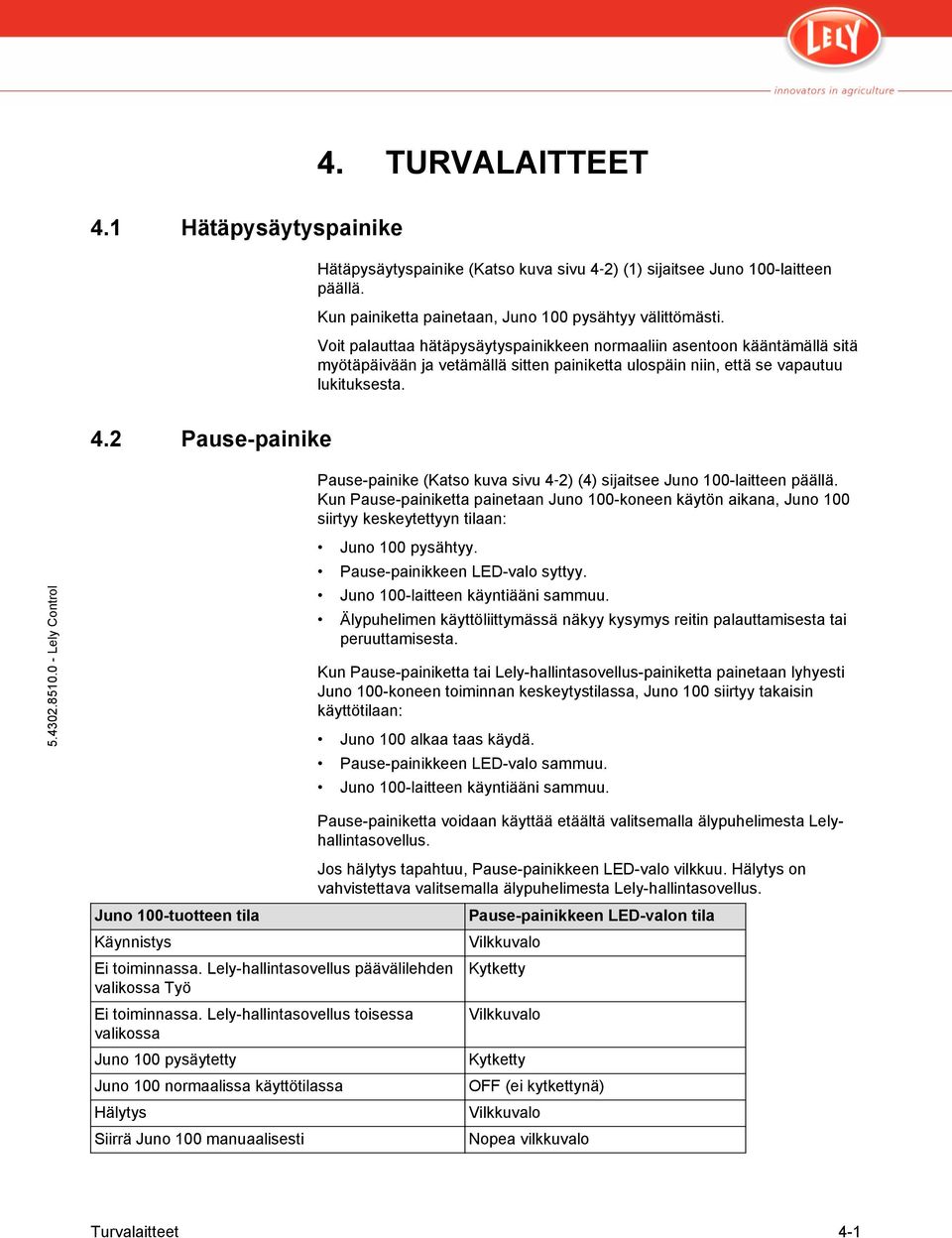 2 Pause-painike Pause-painike (Katso kuva sivu 4 2) (4) sijaitsee Juno 100-laitteen päällä.