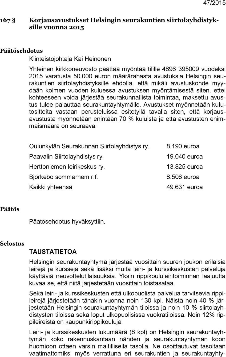 000 euron määrärahasta avustuksia Helsingin seurakuntien siirtolayhdistyksille ehdolla, että mikäli avustuskohde myydään kolmen vuoden kuluessa avustuksen myöntämisestä siten, ettei kohteeseen voida