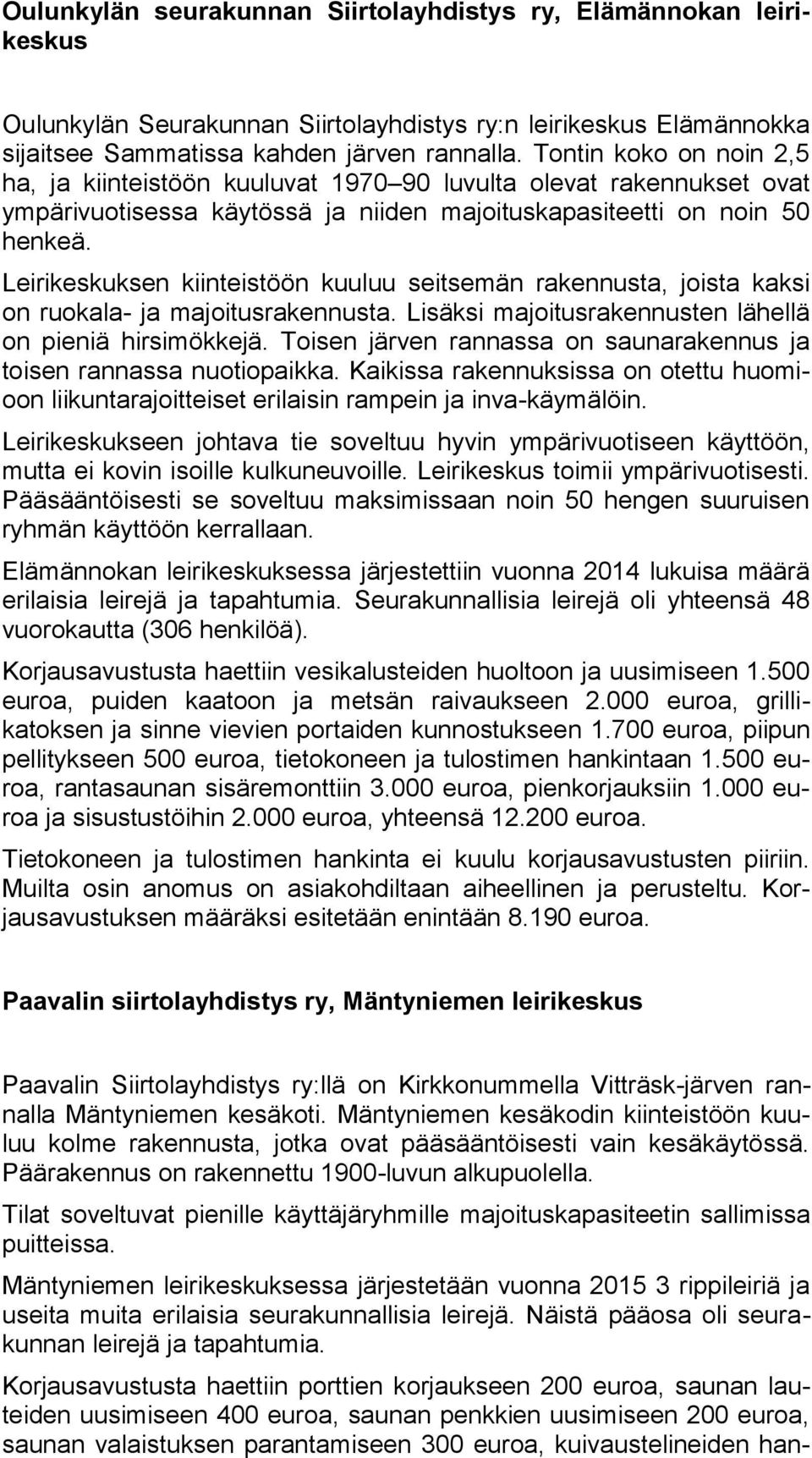 Leirikeskuksen kiinteistöön kuuluu seitsemän rakennusta, joista kaksi on ruokala- ja majoitusrakennusta. Lisäksi majoitusrakennusten lähellä on pieniä hirsimökkejä.