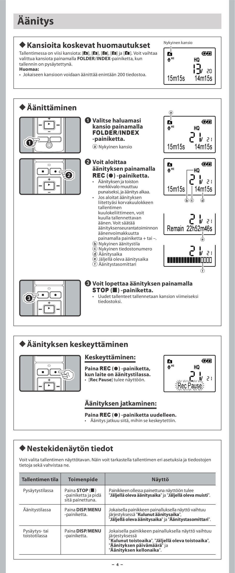 Nykyinen kansio 15m15s 14m15s h Äänittäminen 1 Valitse haluamasi kansio painamalla FOLDER/INDEX a Nykyinen kansio a 15m15s 14m15s 2 Voit aloittaa äänityksen painamalla REC (s) Äänityksen ja toiston