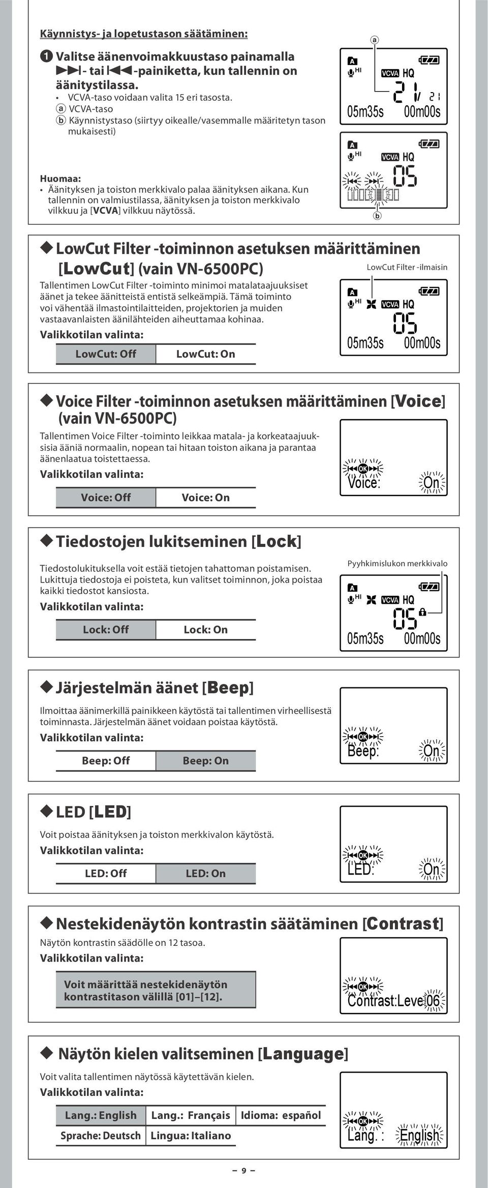 Kun tallennin on valmiustilassa, äänityksen ja toiston merkkivalo vilkkuu ja [VCVA] vilkkuu näytössä.