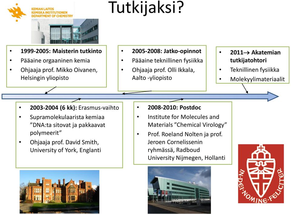 Olli Ikkala, Aalto -yliopisto 2011 Akatemian tutkijatohtori Teknillinen fysiikka Molekyylimateriaalit 2003-2004 (6 kk): Erasmus-vaihto