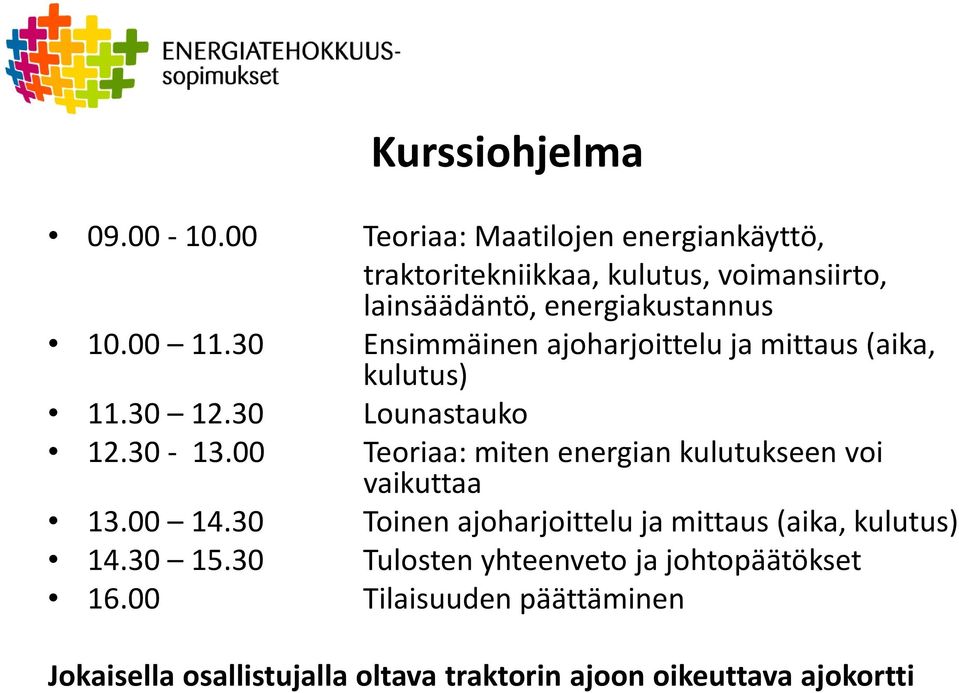 30 Ensimmäinen ajoharjoittelu ja mittaus (aika, kulutus) 11.30 12.30 Lounastauko 12.30-13.