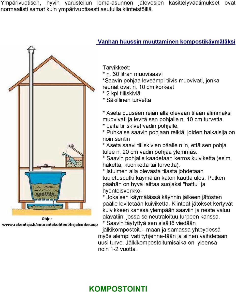 10 cm korkeat * 2 kpl tiiliskiviä * Säkillinen turvetta * Aseta puuseen reiän alla olevaan tilaan alimmaksi muovivati ja levitä sen pohjalle n. 10 cm turvetta. * Laita tiiliskivet vadin pohjalle.