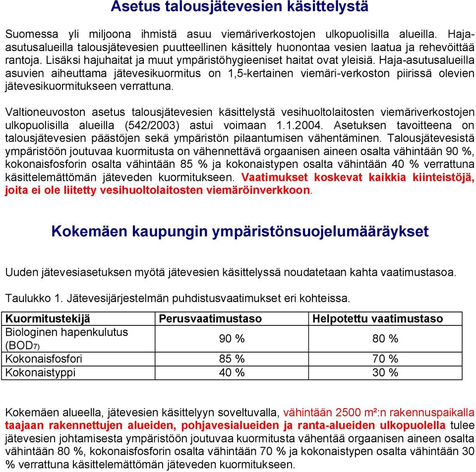 Haja-asutusalueilla asuvien aiheuttama jätevesikuormitus on 1,5-kertainen viemäri-verkoston piirissä olevien jätevesikuormitukseen verrattuna.