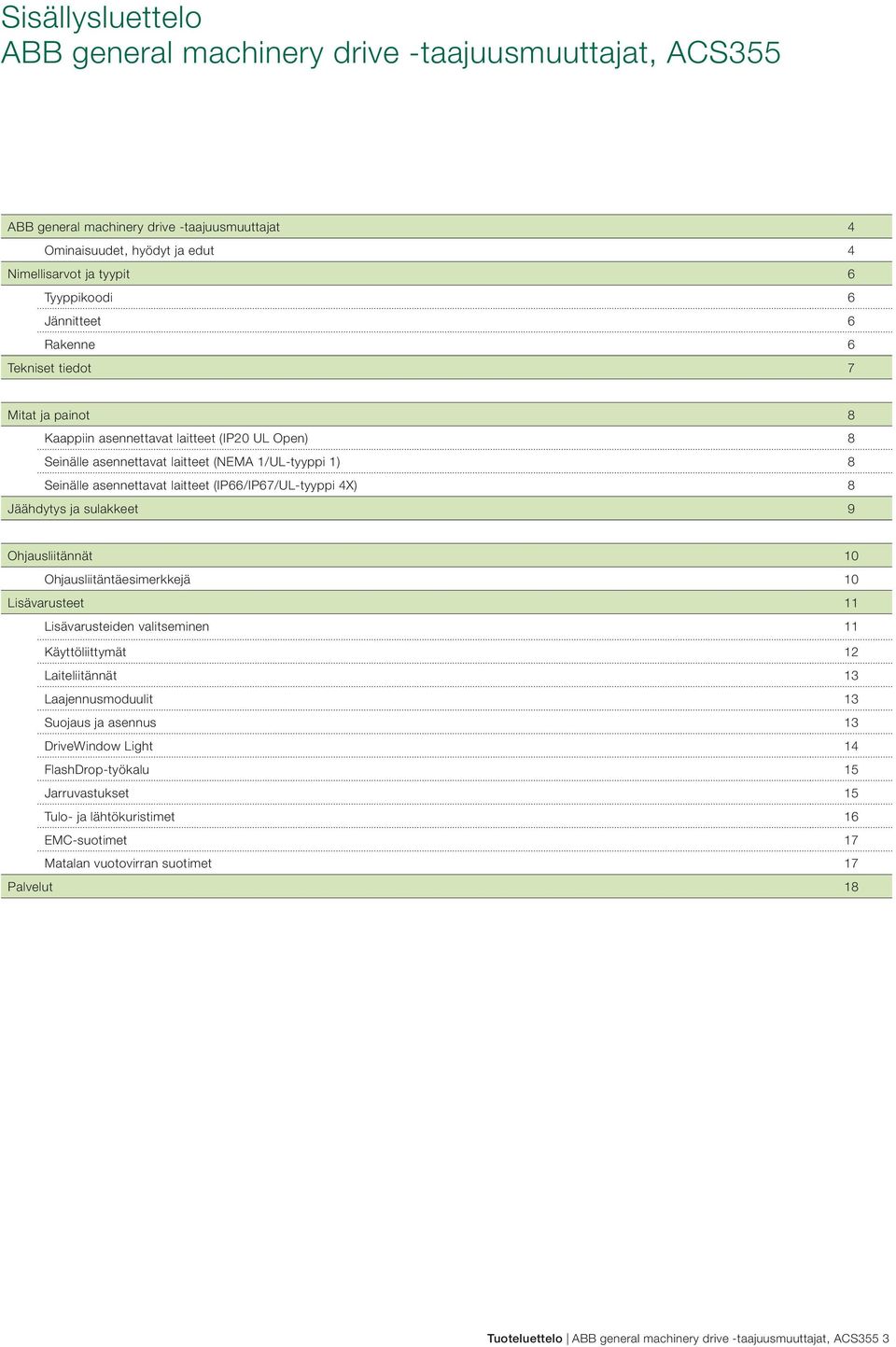 (IP66/IP67/UL-tyyppi 4X) 8 Jäähdytys ja sulakkeet 9 Ohjausliitännät 10 Ohjausliitäntäesimerkkejä 10 Lisävarusteet 11 Lisävarusteiden valitseminen 11 Käyttöliittymät 12 Laiteliitännät 13