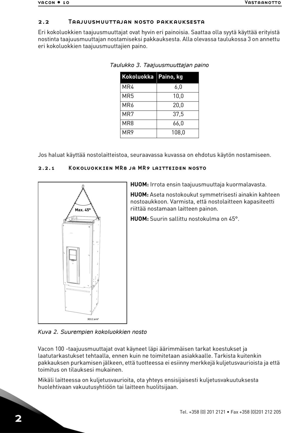 Taajuusmuuttajan paino Kokoluokka Paino, kg MR4 6,0 MR5 10,0 MR6 20,0 MR7 37,5 MR8 66,0 MR9 108,0 Jos haluat käyttää nostolaitteistoa, seuraavassa kuvassa on ehdotus käytön nostamiseen. 2.2.1 Kokoluokkien MR8 ja MR9 laitteiden nosto Max.