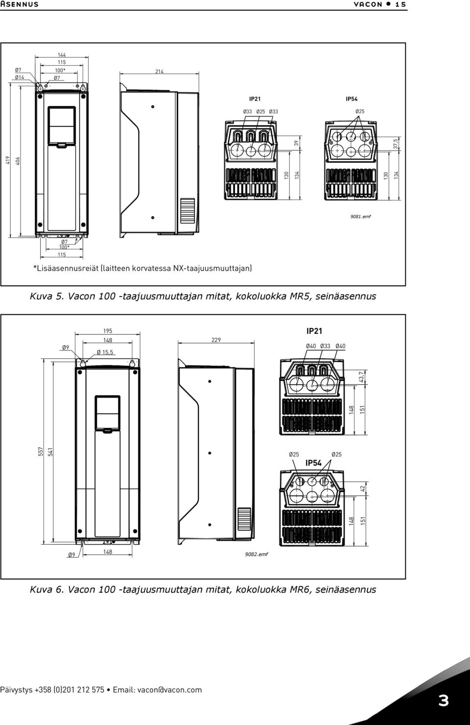 Vacon 100 -taajuusmuuttajan mitat, kokoluokka MR5, seinäasennus Ø9 195 148 Ø 15,5 229 IP21 Ø40 Ø33 Ø40 148 557 541 151 43,7 Ø25