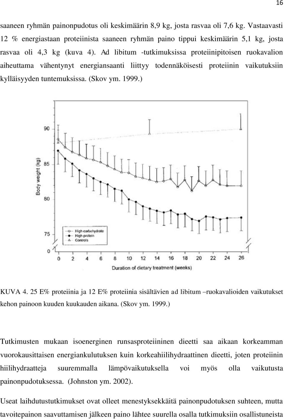 Ad libitum -tutkimuksissa proteiinipitoisen ruokavalion aiheuttama vähentynyt energiansaanti liittyy todennäköisesti proteiinin vaikutuksiin kylläisyyden tuntemuksissa. (Skov ym. 1999.) KUVA 4.