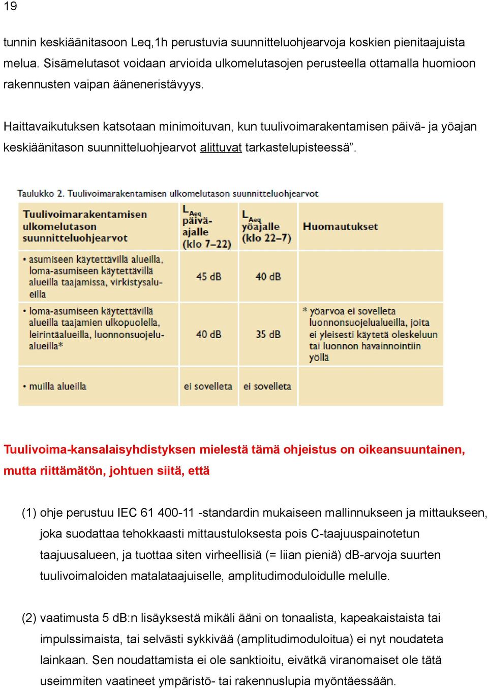 Haittavaikutuksen katsotaan minimoituvan, kun tuulivoimarakentamisen päivä- ja yöajan keskiäänitason suunnitteluohjearvot alittuvat tarkastelupisteessä.